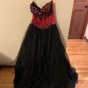 Red and black corset ball gown beaded prom dress